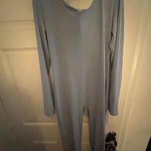 Blue Ribbed Long Sleeve Jumpsuit